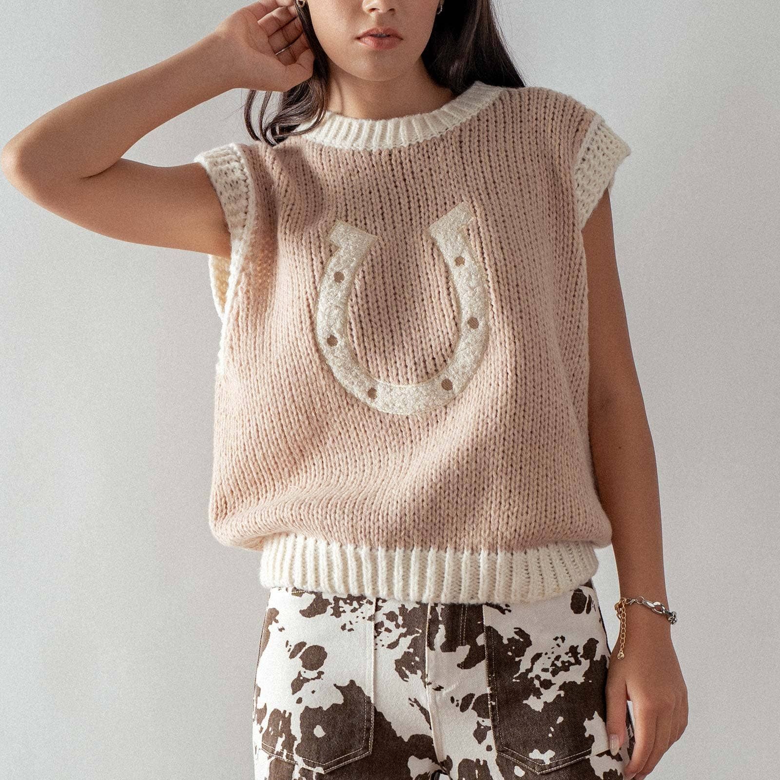 Western Horseshoe Crochet Knit Ribbed Trim Sweater Vest