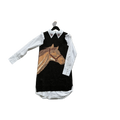 Black knit sweater vest with horse portrait design layered over a white western blouse with embroidered collar
