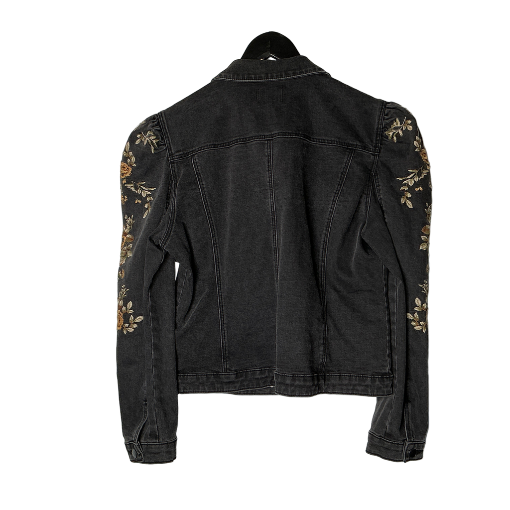 Black Trucker Jacket Floral Print on Sleeve