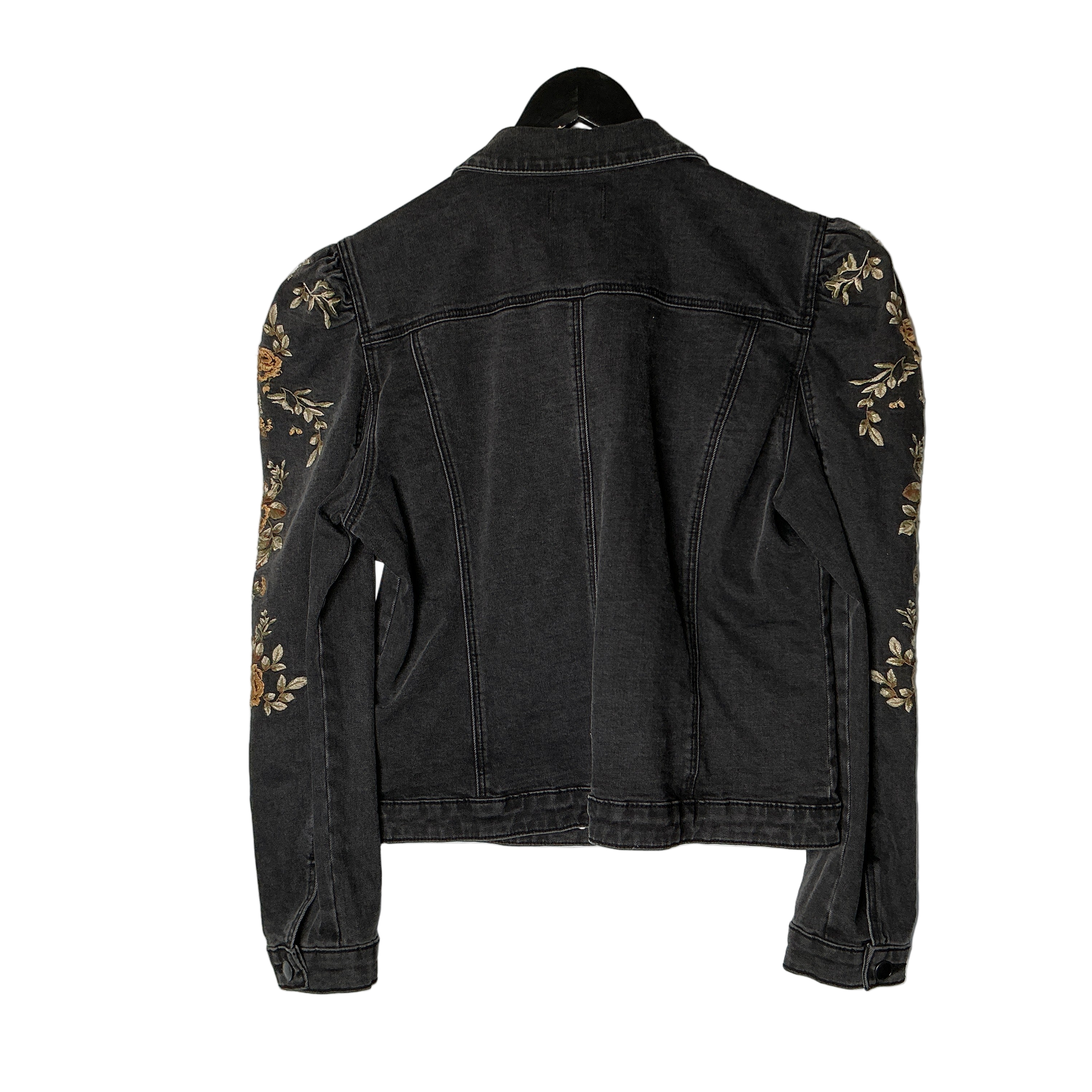 Black Trucker Jacket Floral Print on Sleeve