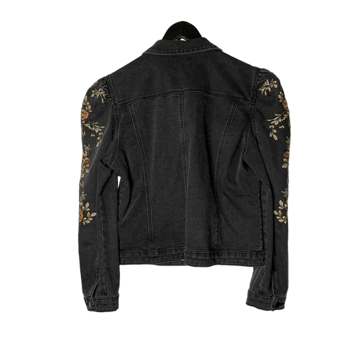 Black Trucker Jacket Floral Print on Sleeve
