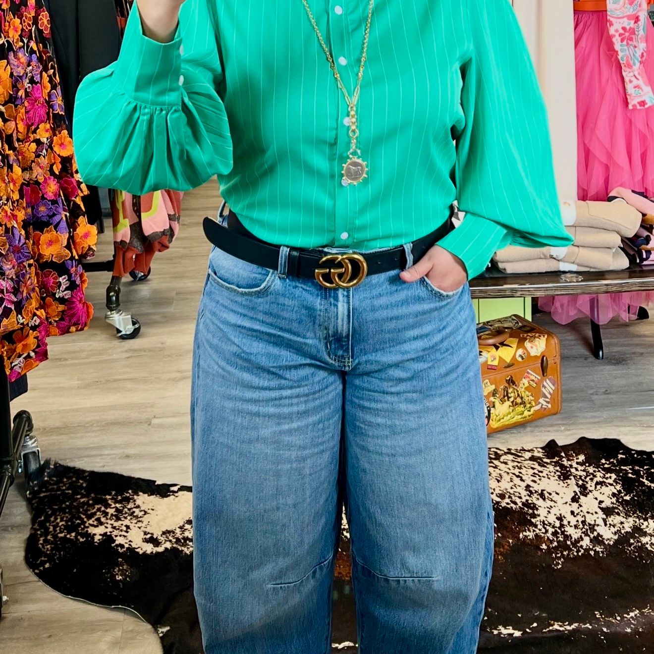 Turquoise Haven Green Pinstriped Top