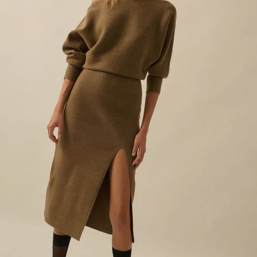 Rib Knit One Shoulder Dolman Midi Sweater Dress