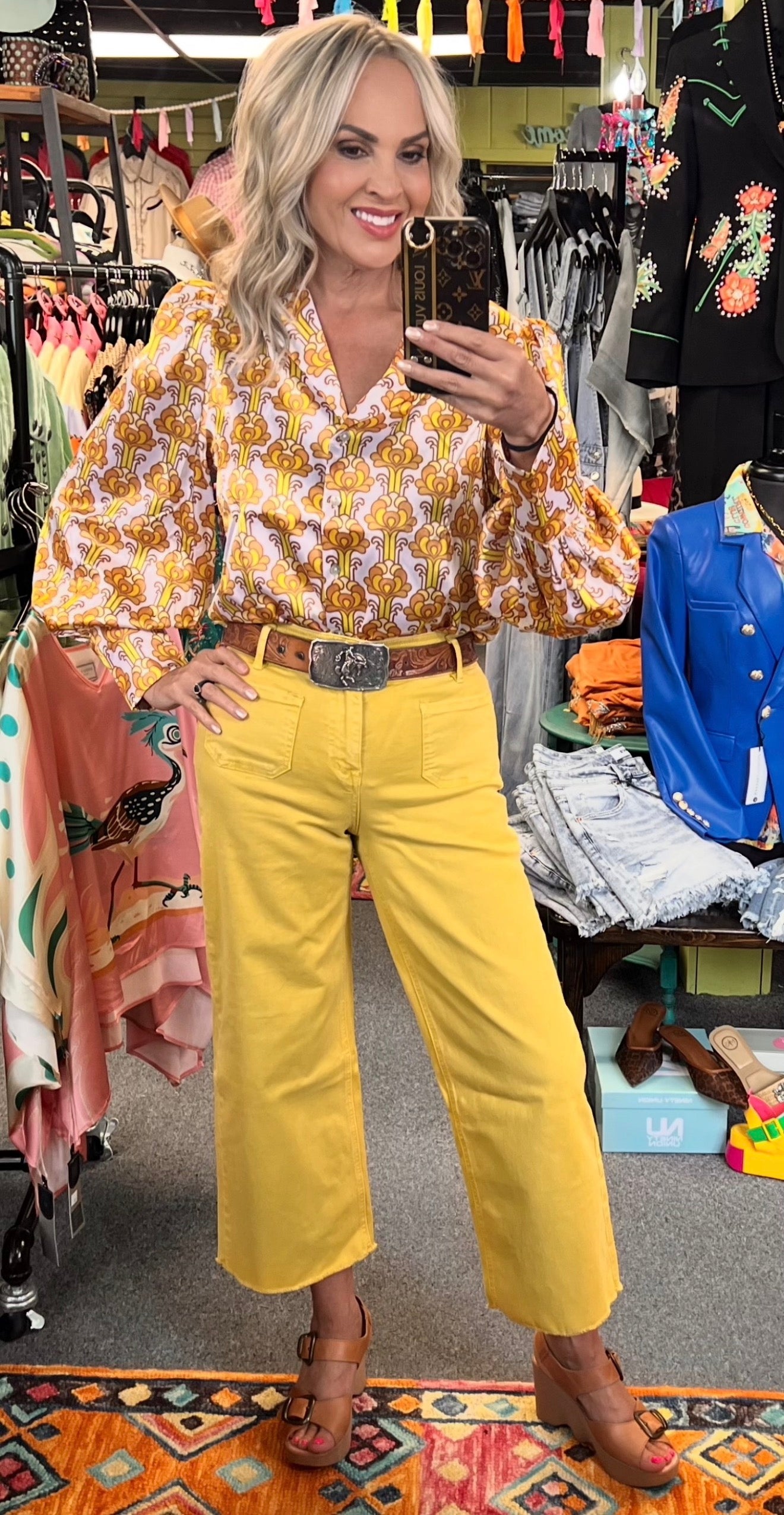 Streets of Gold Yellow Tulip Flower Pouf Sleeve Blouse