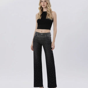 High Rise Raw Hem Rhinestone Slim Wide Jeans