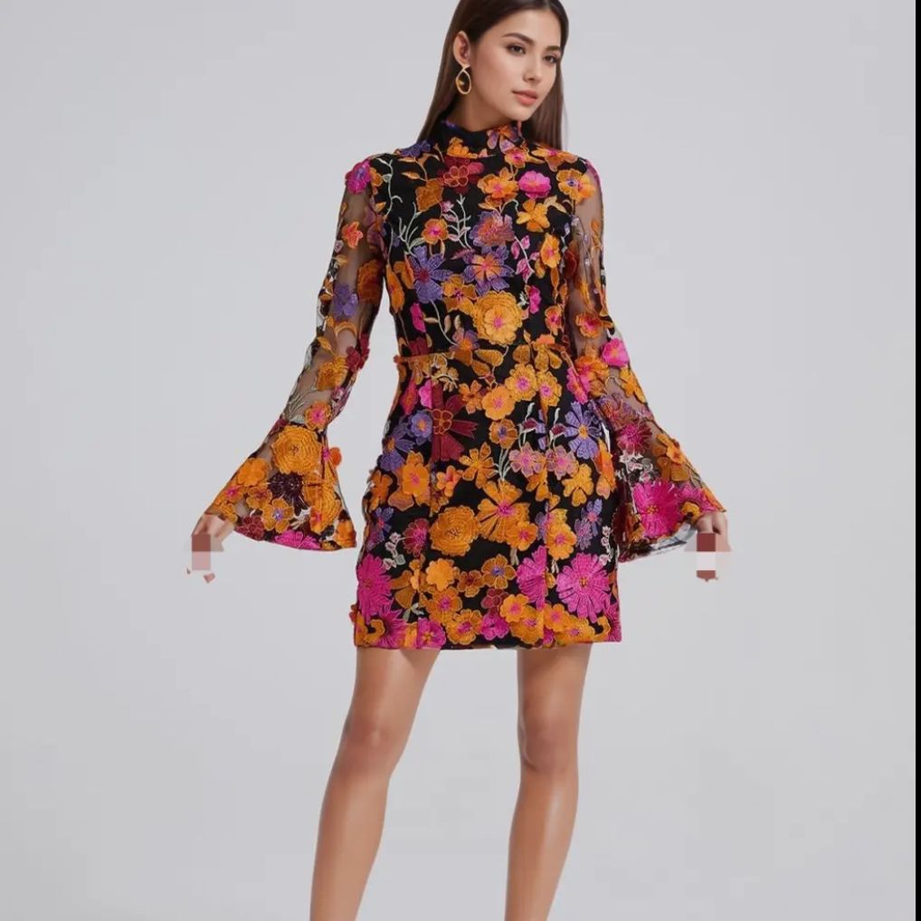 Embroidered Evening Dress with Trumpet Sleeve