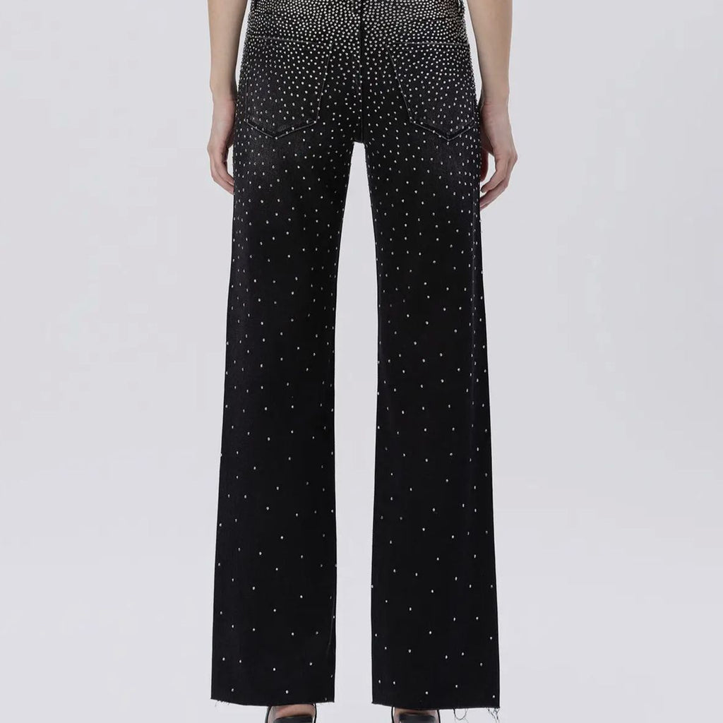 High Rise Raw Hem Rhinestone Slim Wide Jeans