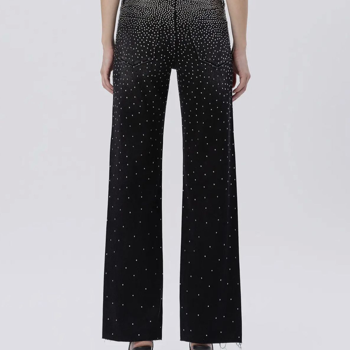 High Rise Raw Hem Rhinestone Slim Wide Jeans