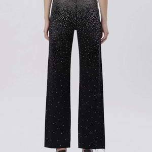 High Rise Raw Hem Rhinestone Slim Wide Jeans