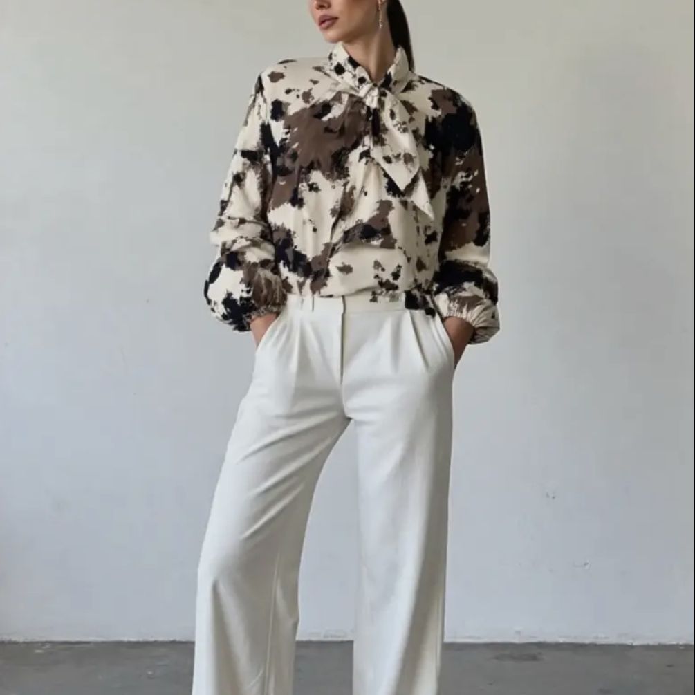 Loretta Beige Cow Print Ribbon Blouse