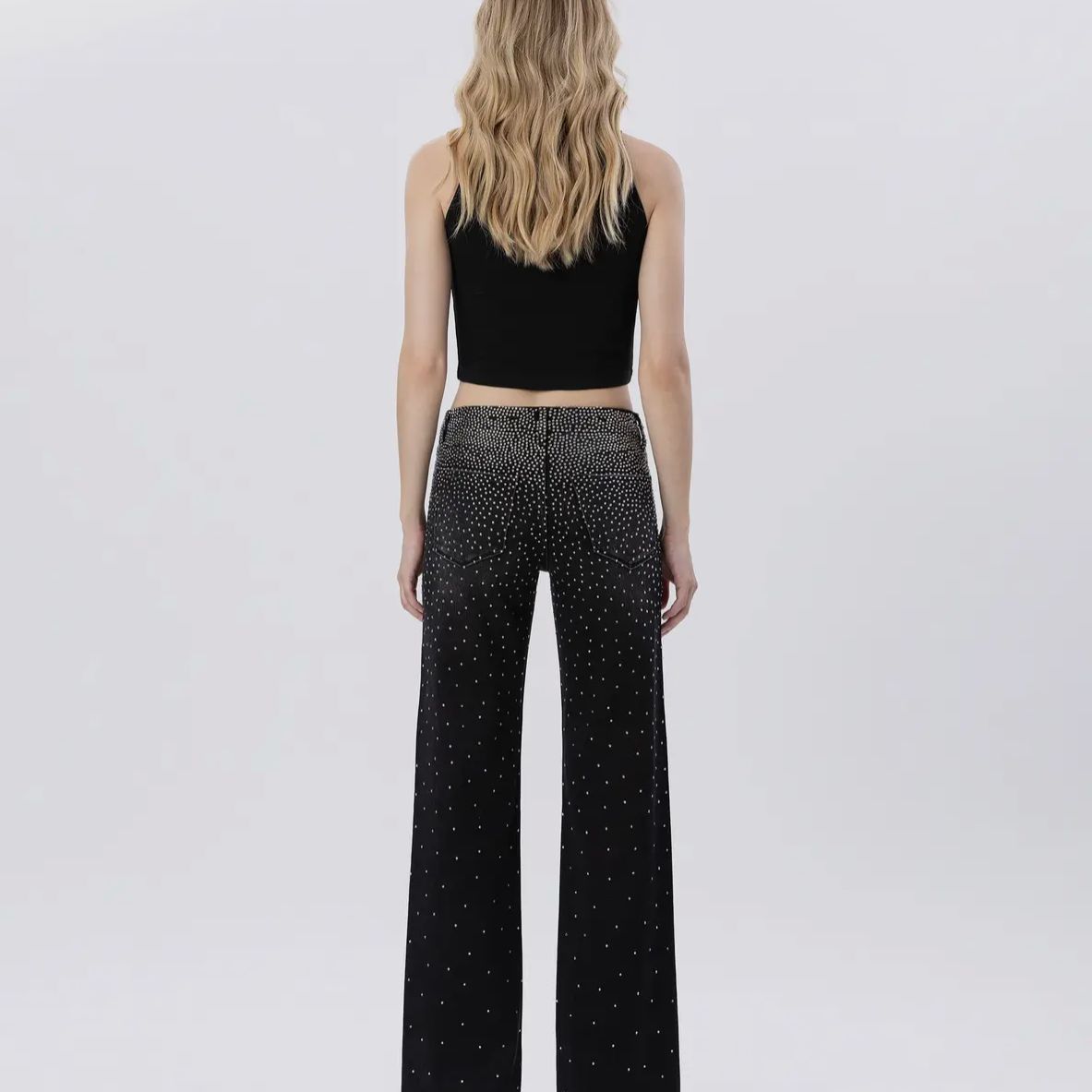 High Rise Raw Hem Rhinestone Slim Wide Jeans