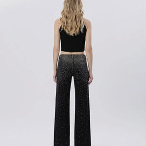 High Rise Raw Hem Rhinestone Slim Wide Jeans