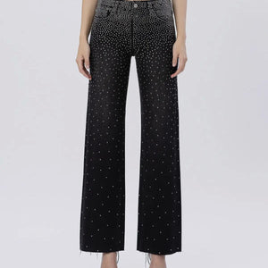High Rise Raw Hem Rhinestone Slim Wide Jeans