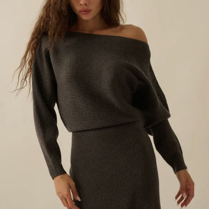 Rib Knit One Shoulder Dolman Midi Sweater Dress