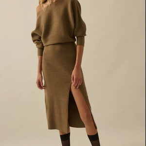 Rib Knit One Shoulder Dolman Midi Sweater Dress