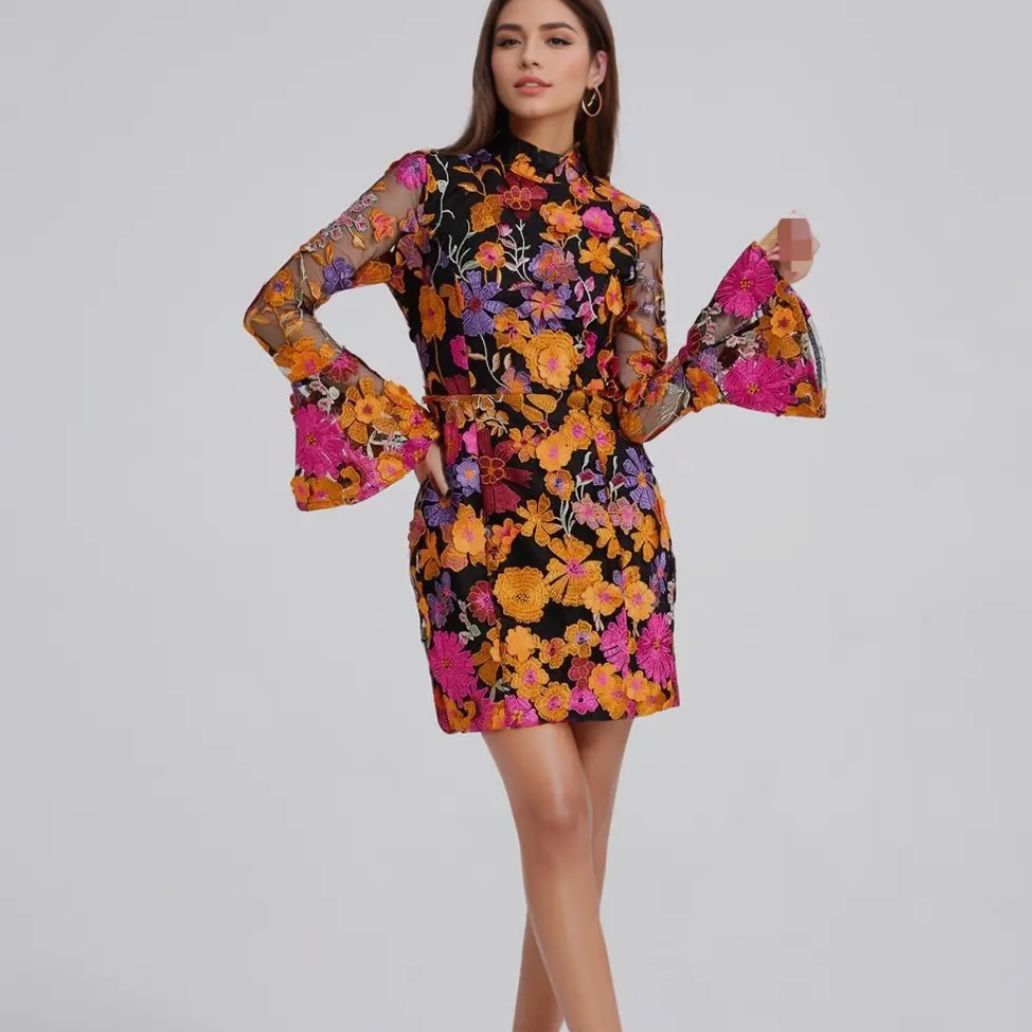 Embroidered Evening Dress with Trumpet Sleeve