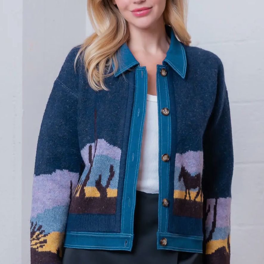 Sweater Jacket with Collar Denim