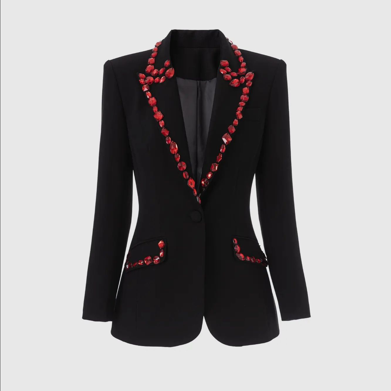 Slim Black Blazer with Red Gemstones