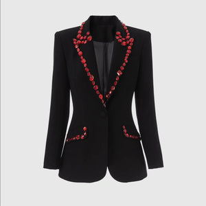 Slim Black Blazer with Red Gemstones