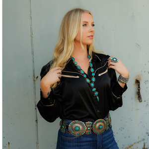 Satin Black Long Sleeve Pearl Snap