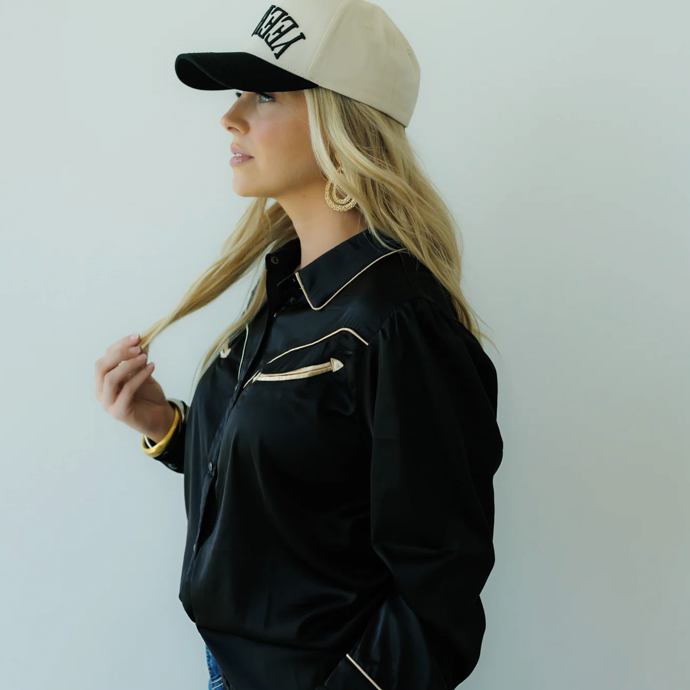 Satin Black Long Sleeve Pearl Snap