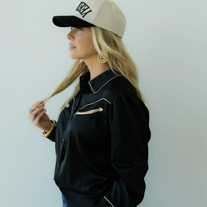 Satin Black Long Sleeve Pearl Snap