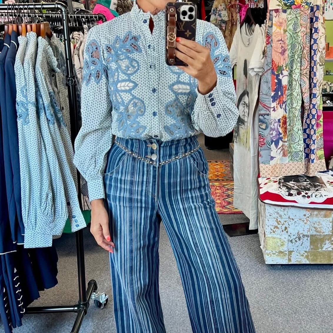 Double D Ranch Bent Fork Indigo and Ivory Blouse