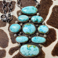 Large turquoise and sterling silver cluster necklace with multiple oval cabochon stones and bead detailing