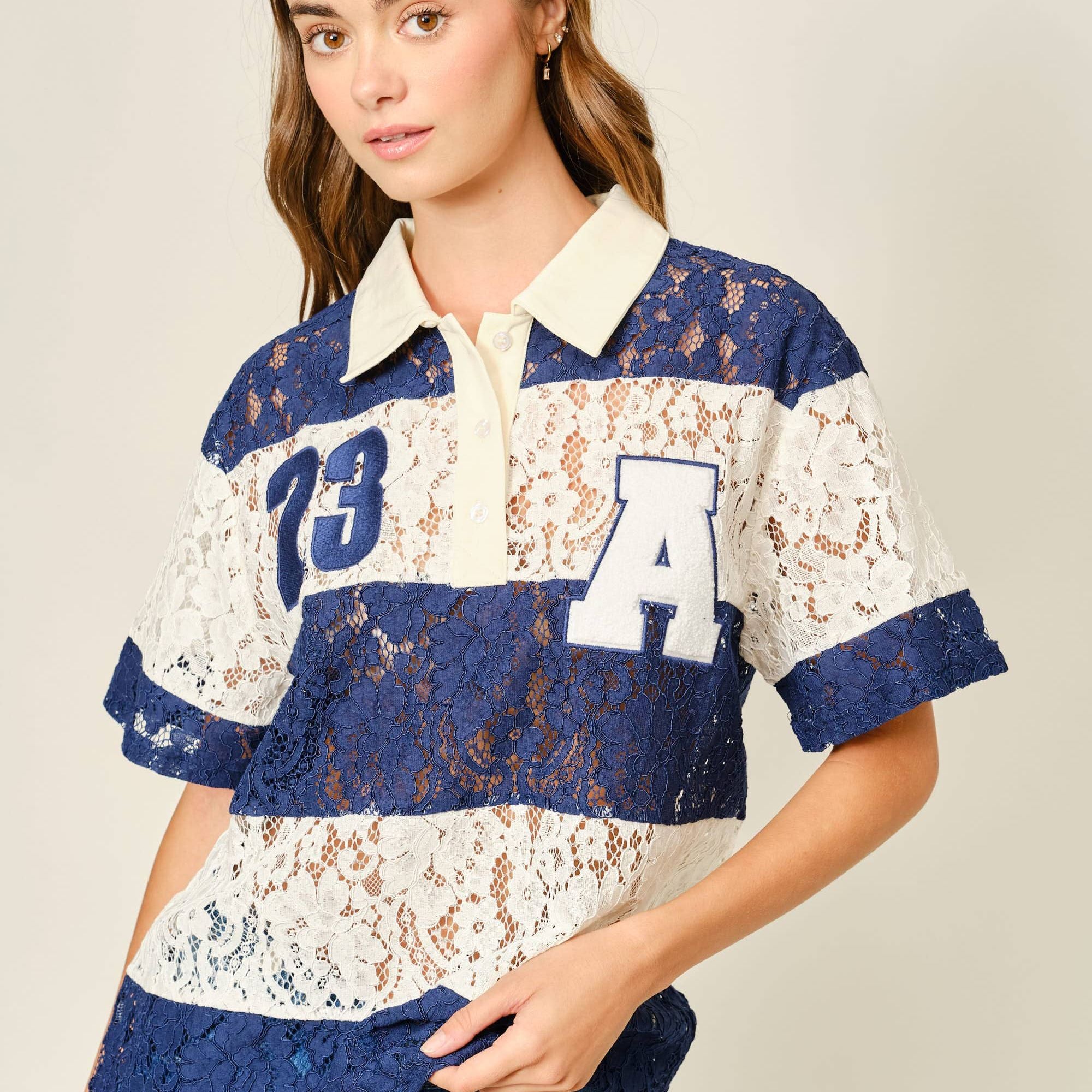 LACE STRIPE POLO TOP