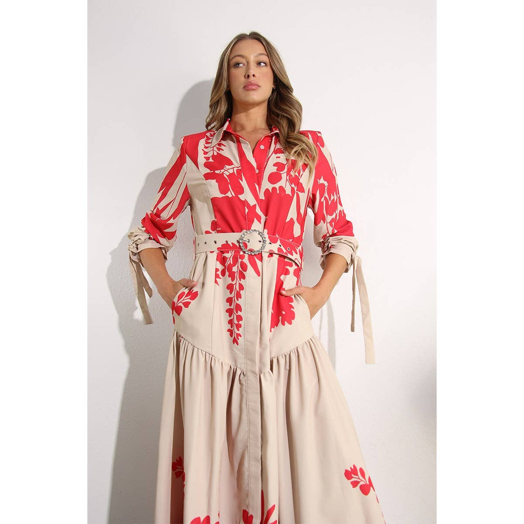 Print Uneven Belted Long Dress
