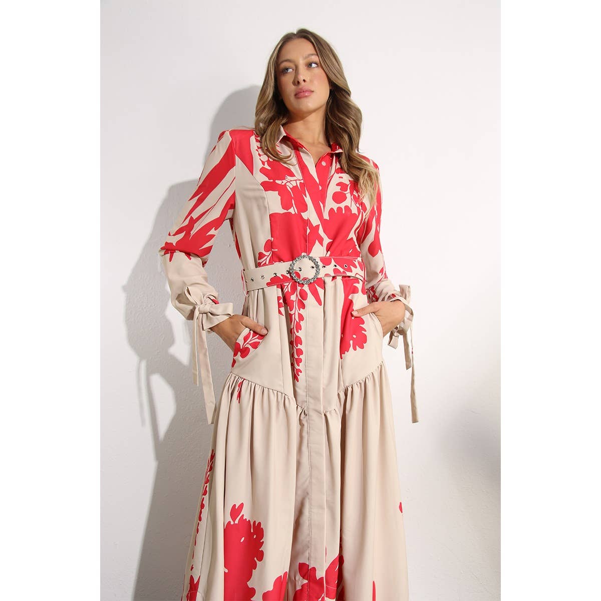 Print Uneven Belted Long Dress