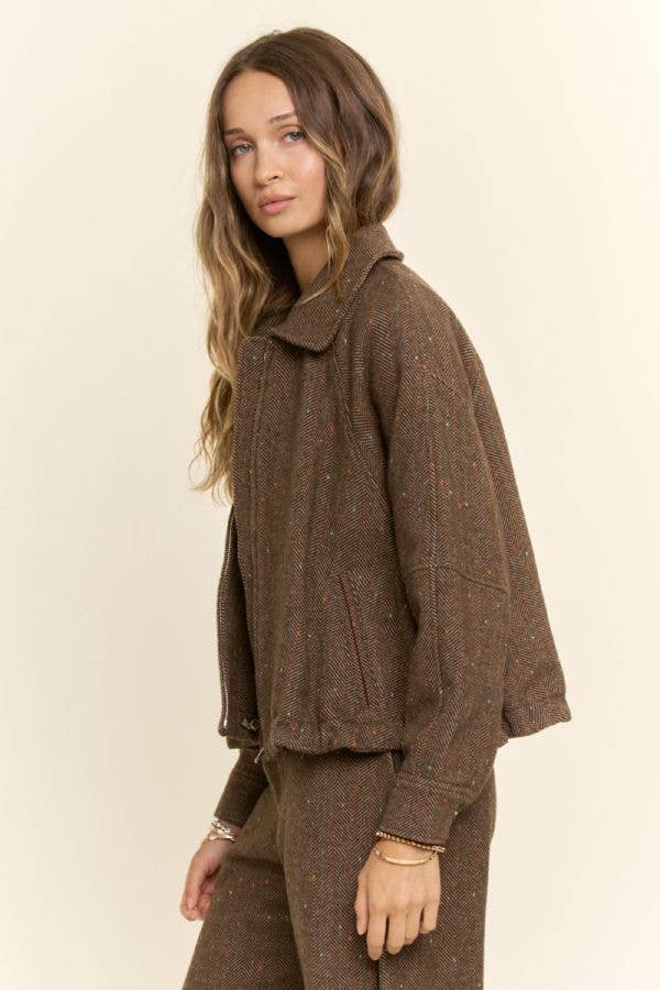 Herringbone Tweed Zip Front Bomber Jacket
