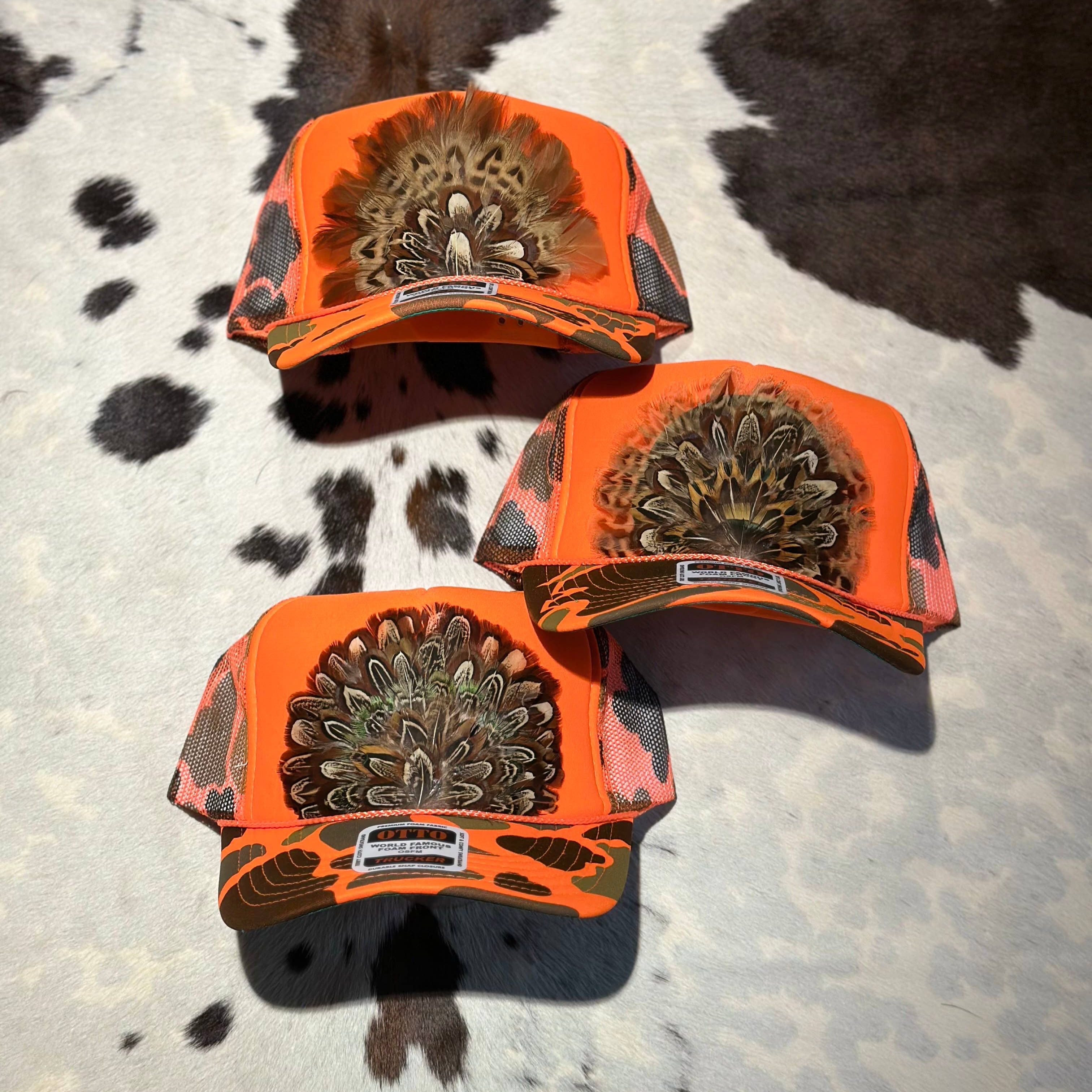 ORANGE CAMO CAMOUFLAGE FEATHER TRUCKER HAT