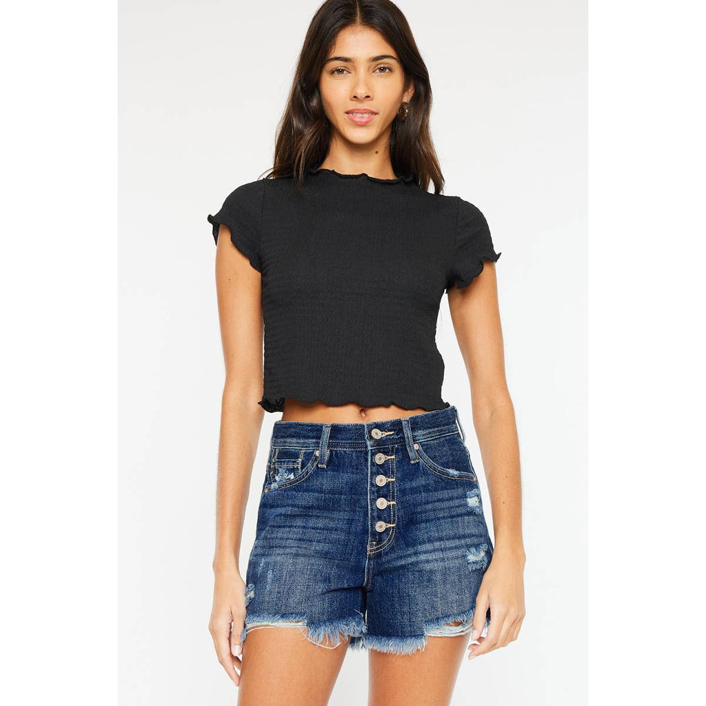 HIGH RISE DISTRESSED MOM SHORTS DARK WASH