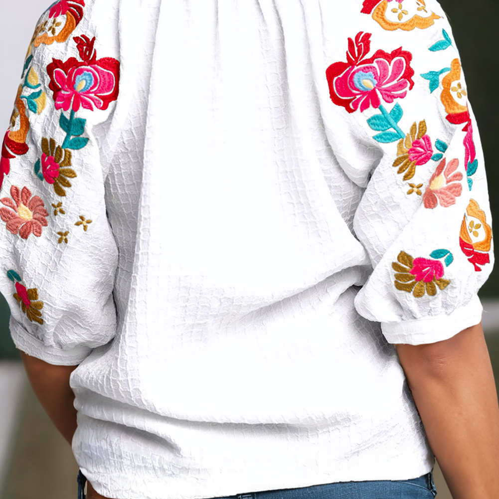 LDC Embroidered Ricrac Puff Sleeve Texture Blouse