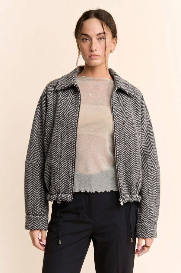 Herringbone Tweed Zip Front Bomber Jacket
