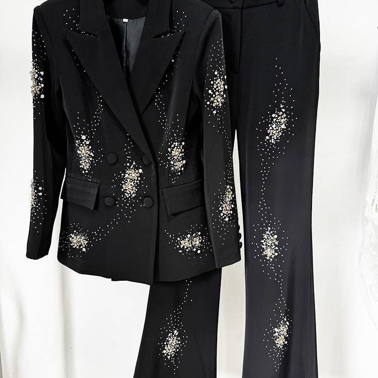 Beaded Diamond-Embellished Black Suit Set