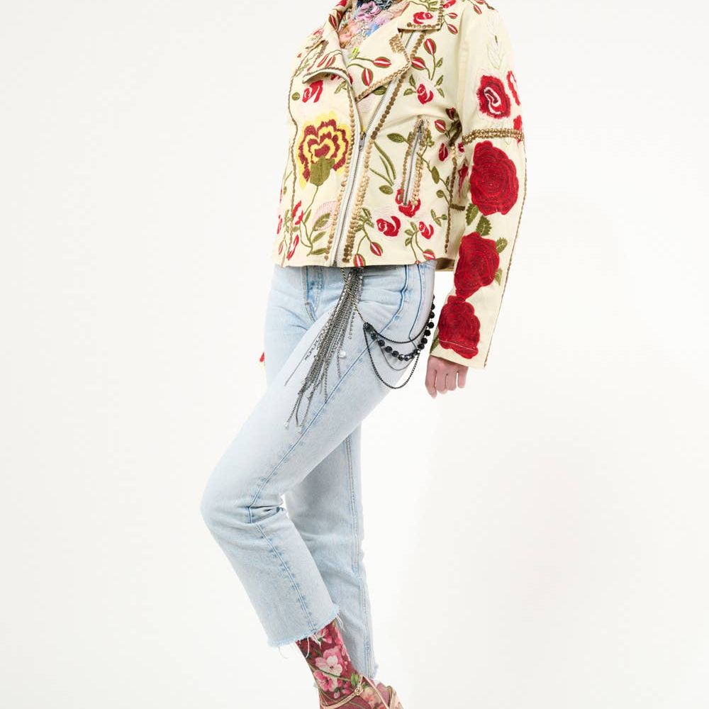 Carmen Embroidered Denim Motorcycle Jacket