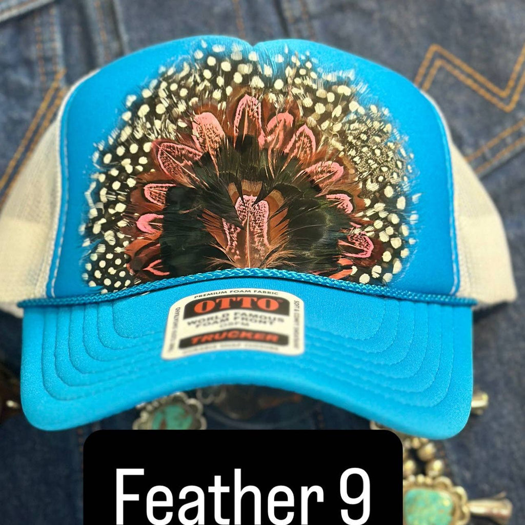 BLUE AND WHITE FEATHER TRUCKER HAT