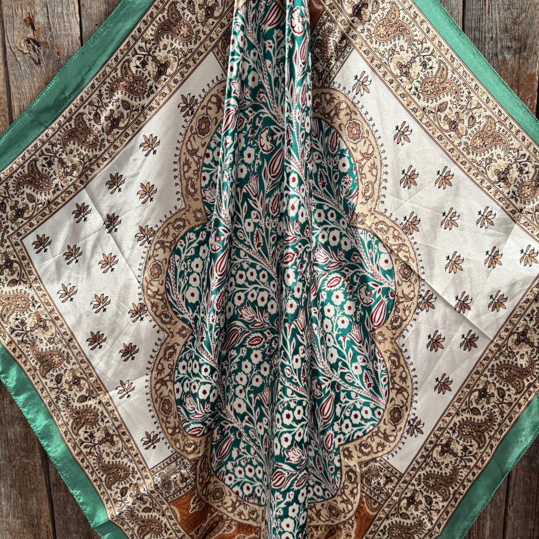 35X35" Teal, Brown and Tan Floral Wild Rag / Scarf WR3457