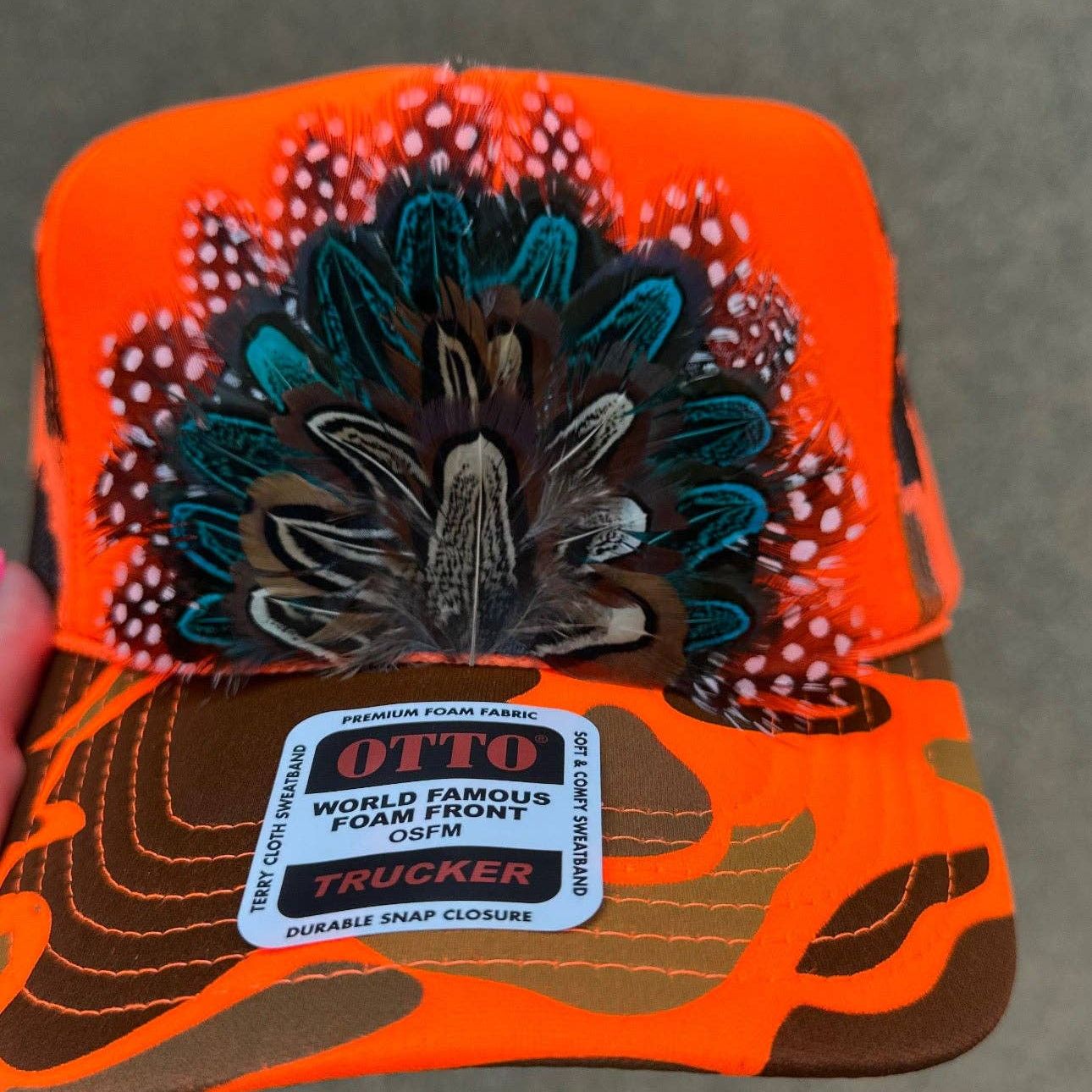 ORANGE CAMO CAMOUFLAGE FEATHER TRUCKER HAT