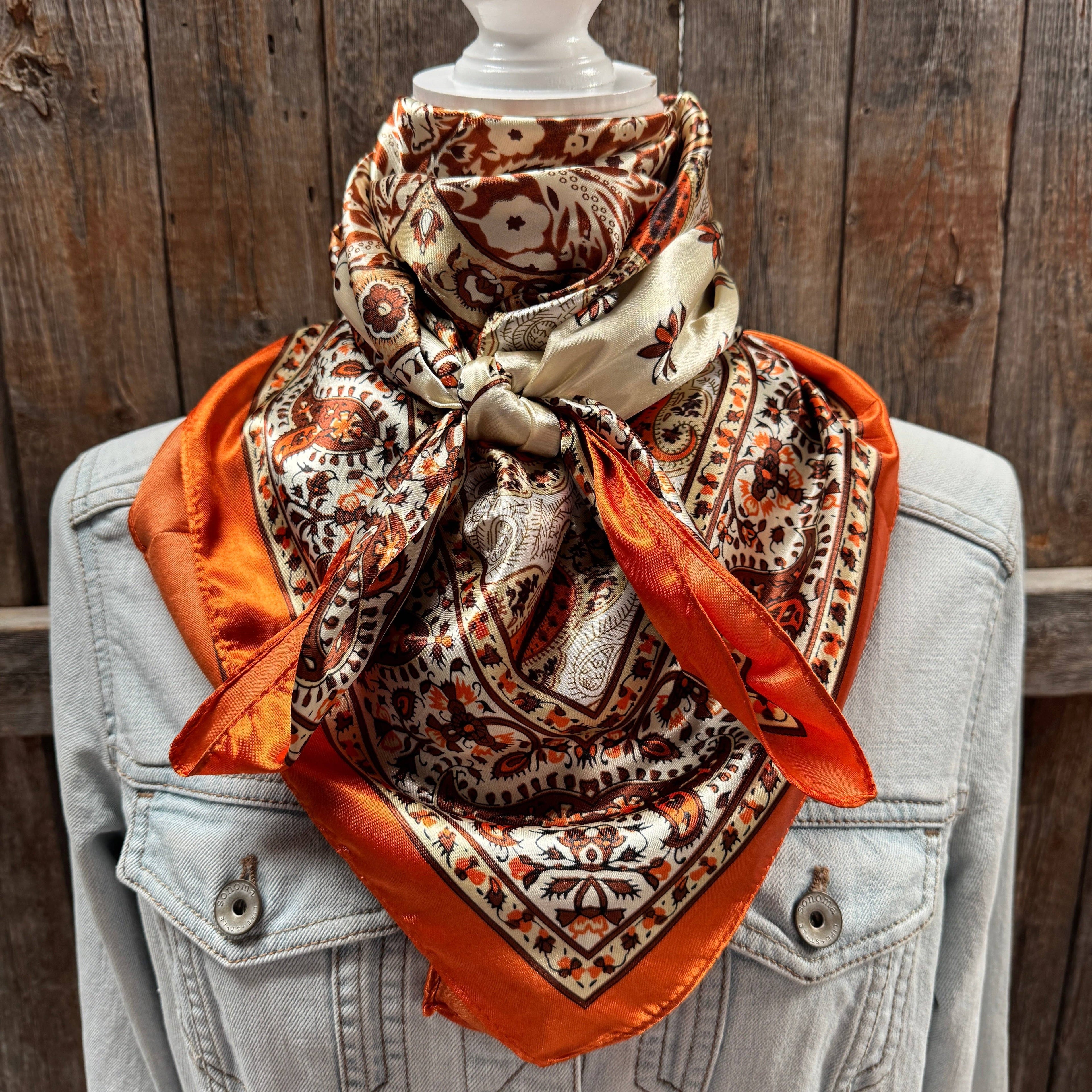 35X35" Orange, Brown and Cream Floral Wild Rag / Scarf WR3456