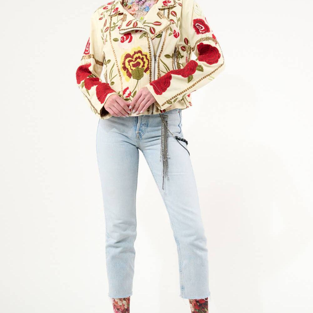 Carmen Embroidered Denim Motorcycle Jacket