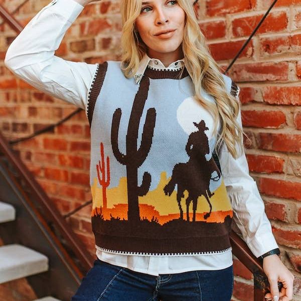 Western Cowboy Sunset Knit Sleeveless Sweater Vest