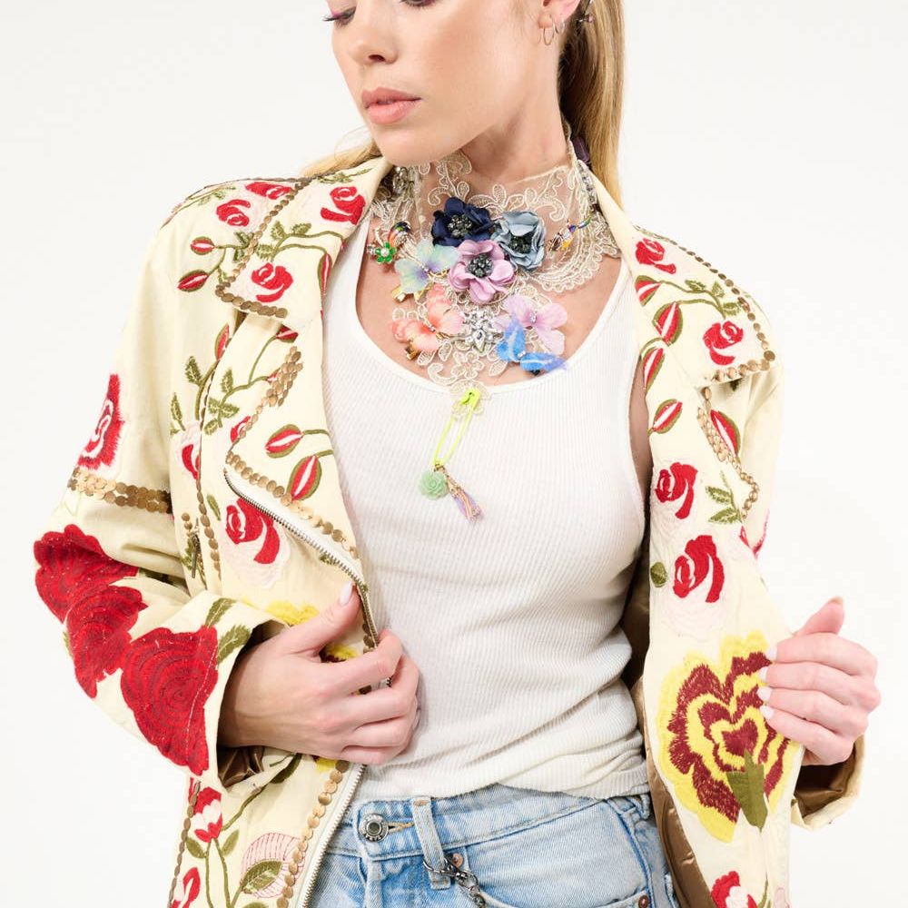 Carmen Embroidered Denim Motorcycle Jacket