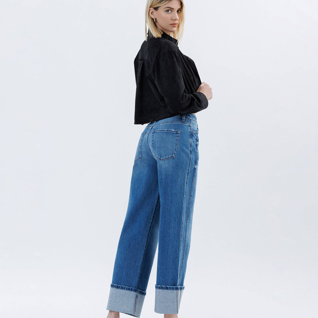 SUPER HIGH RISE CUFFED BAGGY WIDE JEANS