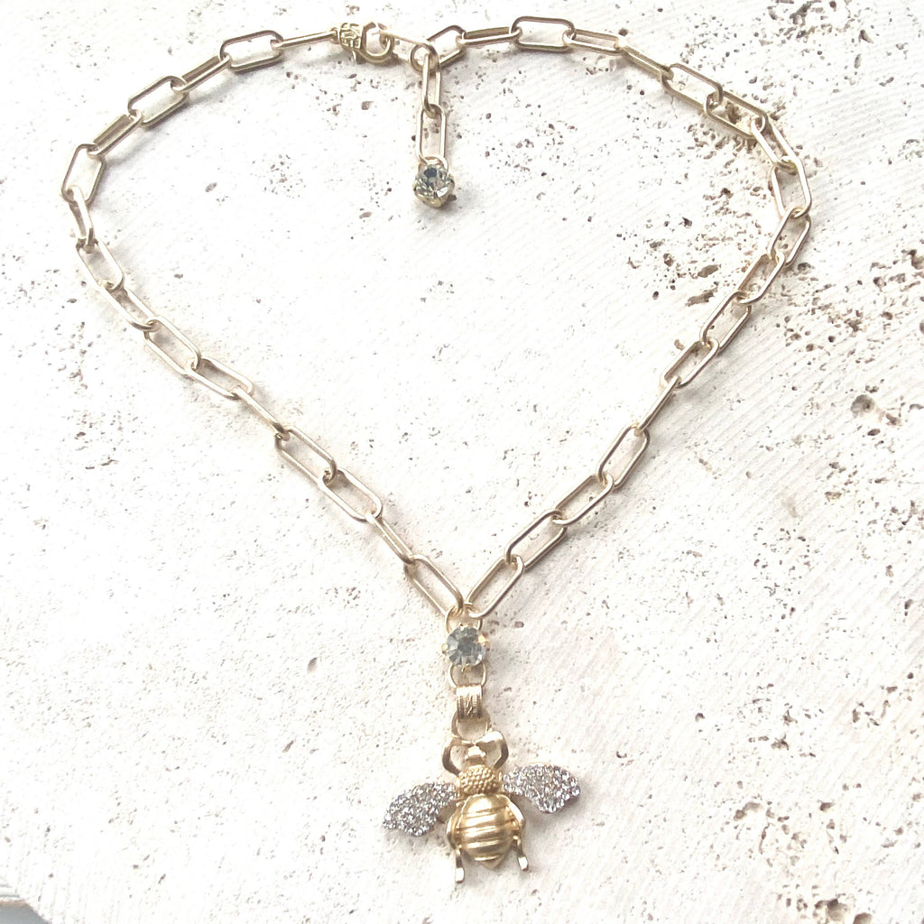 Bee Crystal Necklace Matte Gold Boutique Salon Jewelry