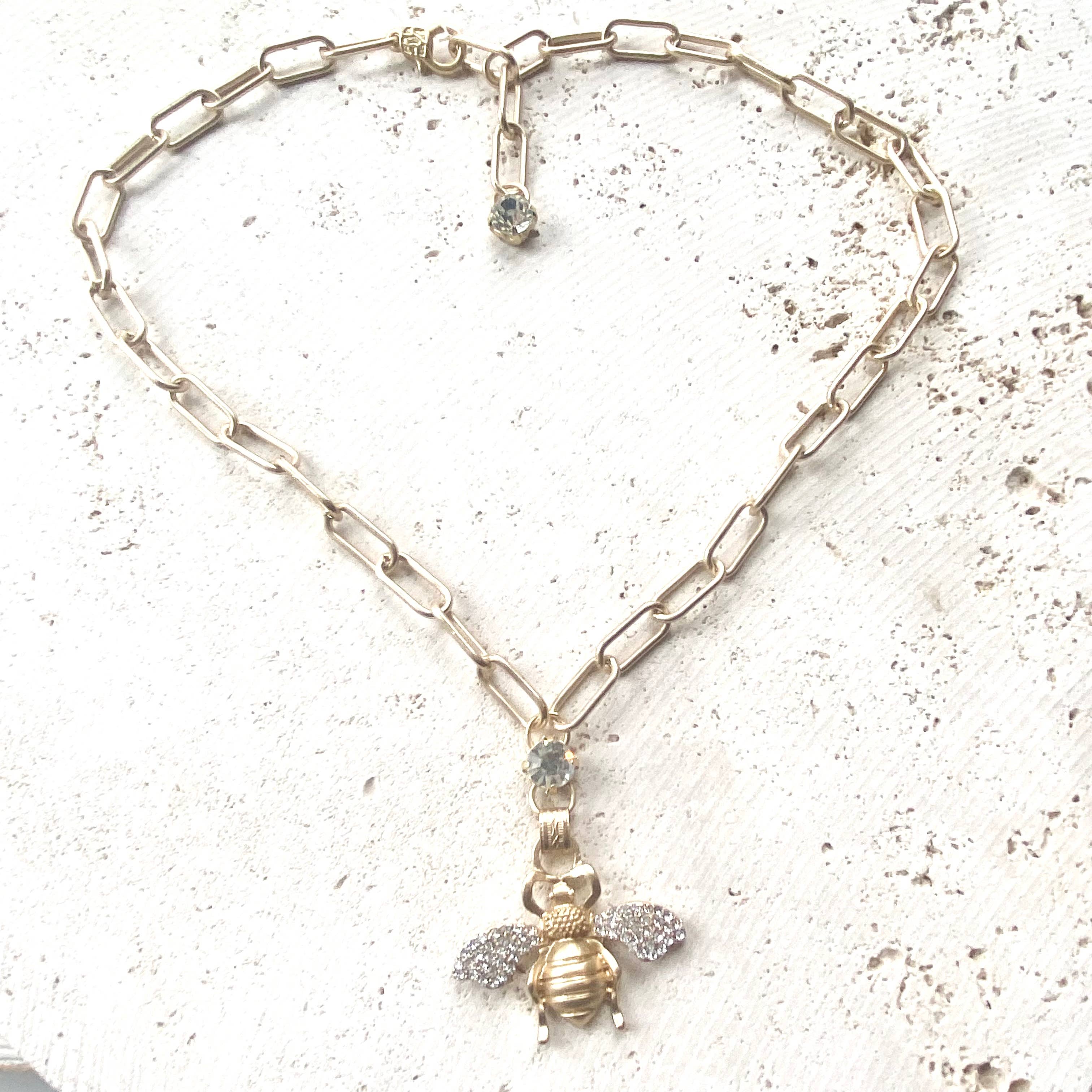 Bee Crystal Necklace Matte Gold Boutique Salon Jewelry