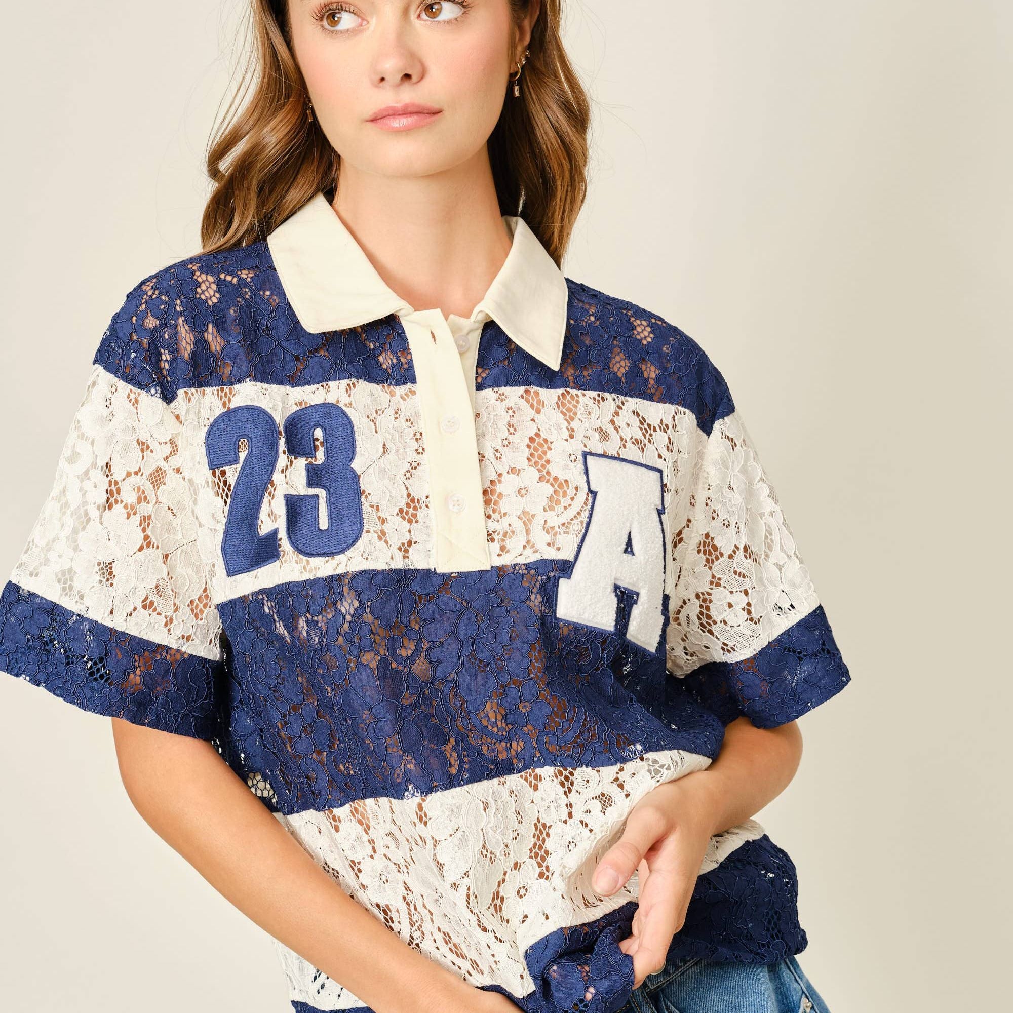 LACE STRIPE POLO TOP