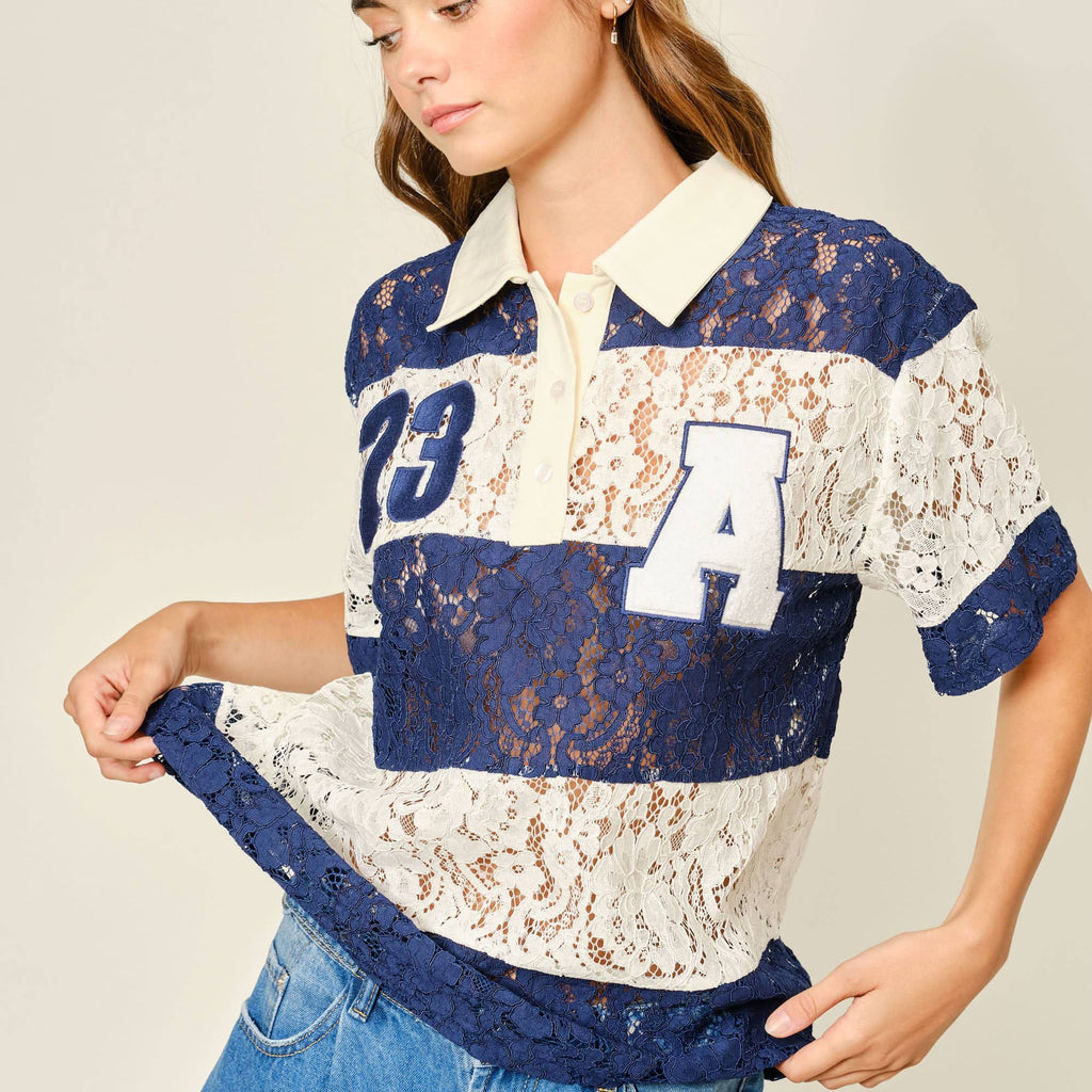 LACE STRIPE POLO TOP
